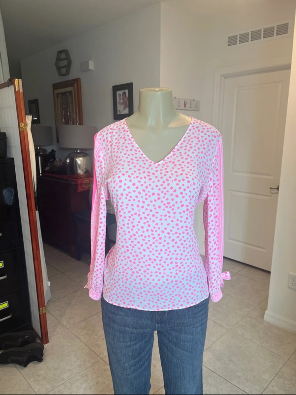 Lilly Pulitzer Pink Polka Dot V-Neck Long Sleeve Top